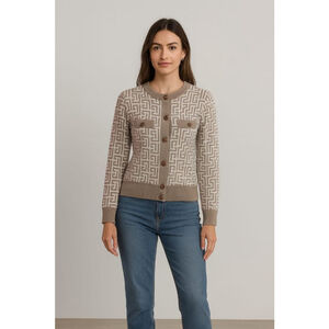 Women's ONLY YOU Beige & White Geometric Cardigan M/L